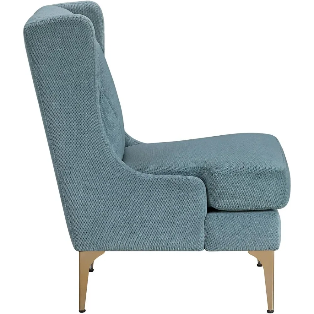 كرسي شانيل أزرق أنيق حديث مع أرجل معدنية ذهبية وخياطة ماسية