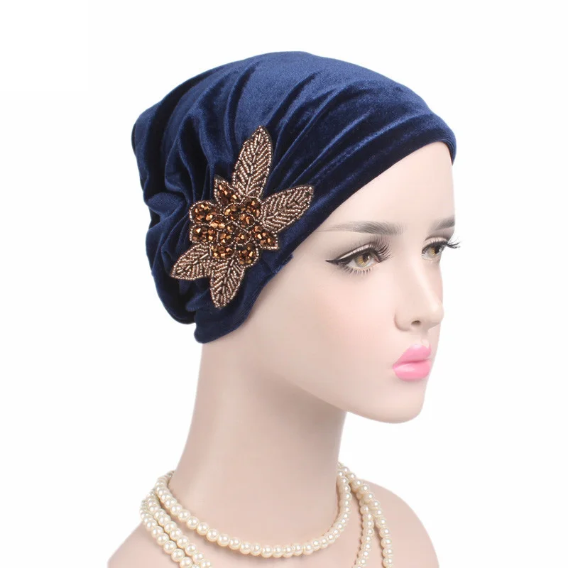 New Women Beads Flower Turban Cap Velvet Head Wraps Caps Beanie Skullies Turban Chemo Cap Muslim Headscarf Bonnet Inner Elegant