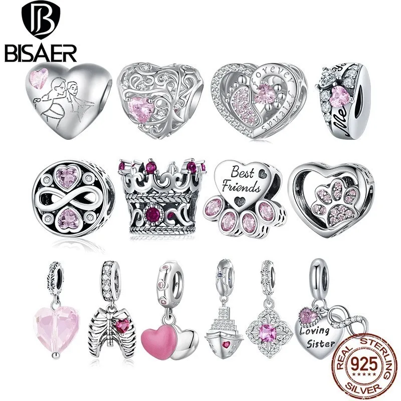 BISAER 925 Sterling Silver Pink Series Charm Heart Safety Chain Bead Pendant Fit Bracelets Mother\'s Day Lovers Fine Jewelry Gift