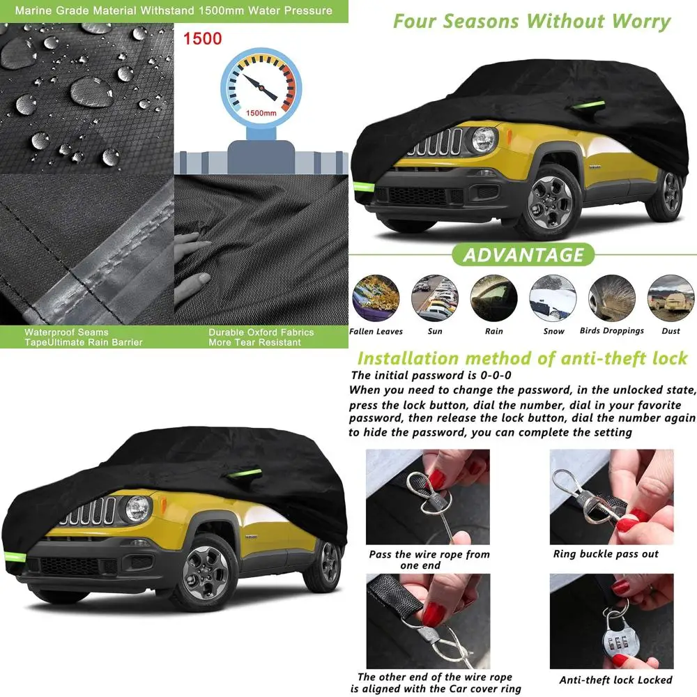 

Custom Fit 100% Waterproof Car Cover for 2015-2026 Renegade, 210T Fabric, Windproof, with Strap & Single Door Zipper (Black)