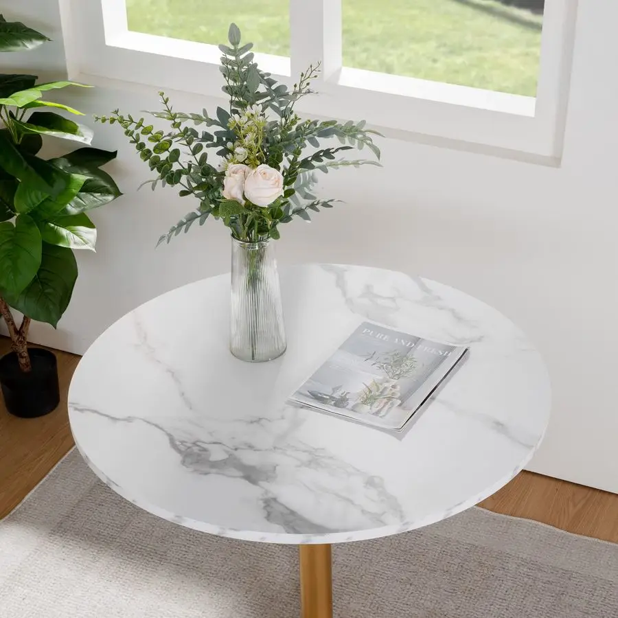 31.5 Round Dining Table with White Faux Marble Wood Top and Golden Metal Legs, Mid Century Modern Kitchen Table for Small Space