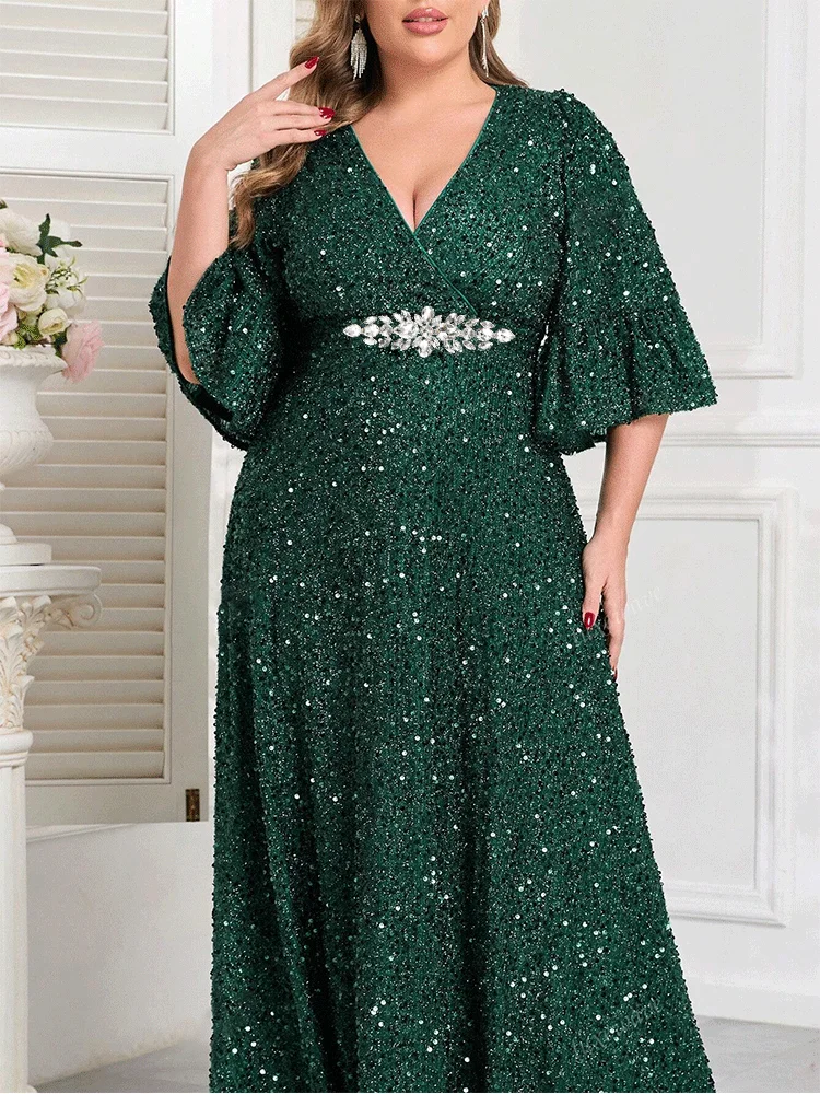 Plus Size V Neck Short Sleeve Floor-length Kind Sequin Evening Dress 4XL 5XL BigSize Wedding Banquet Floor-length Prom Gowm