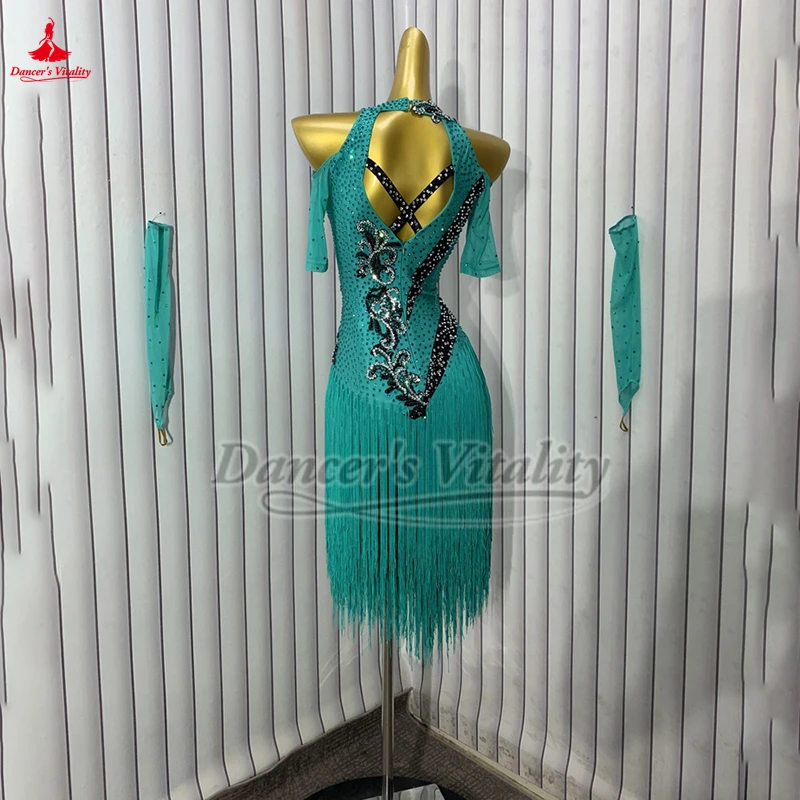 라틴 댄스 아트 등급 시험 롱 스타일 술 경쟁 드레스 성인 여성 차차 삼바 재이브 의류 하이 엔드 사용자 정의