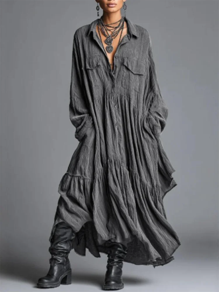 

Women’s Maxi Dress Shirt Dress Ruffled Oversized Long Sleeve Loose Fit with Pocket Casual Elegant Daily Chic Dress for Women
