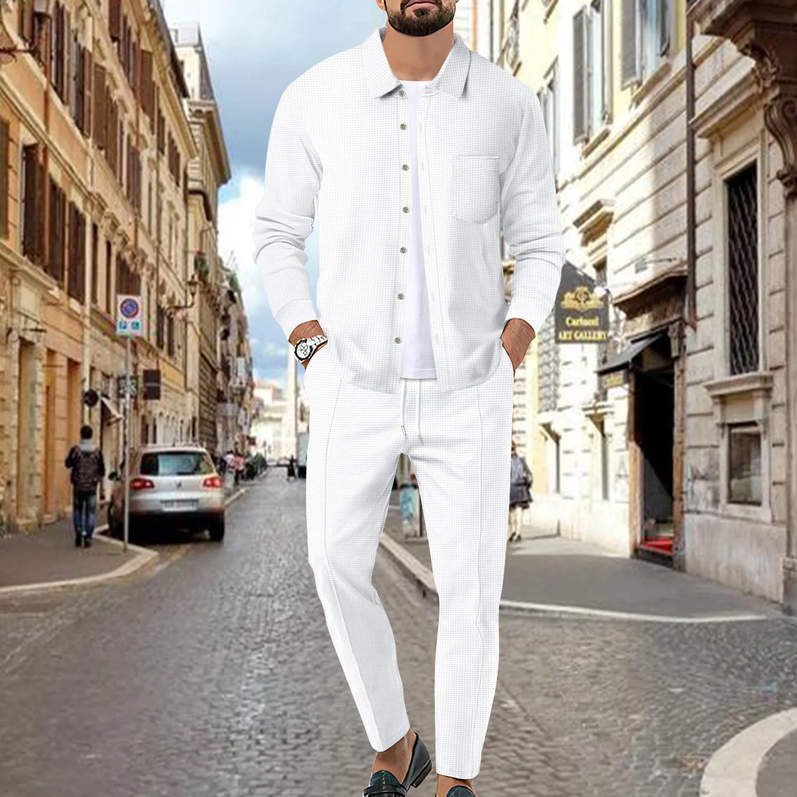 Men's summer casual new long sleeve button cardigan shirt Waffle daily pants two sets