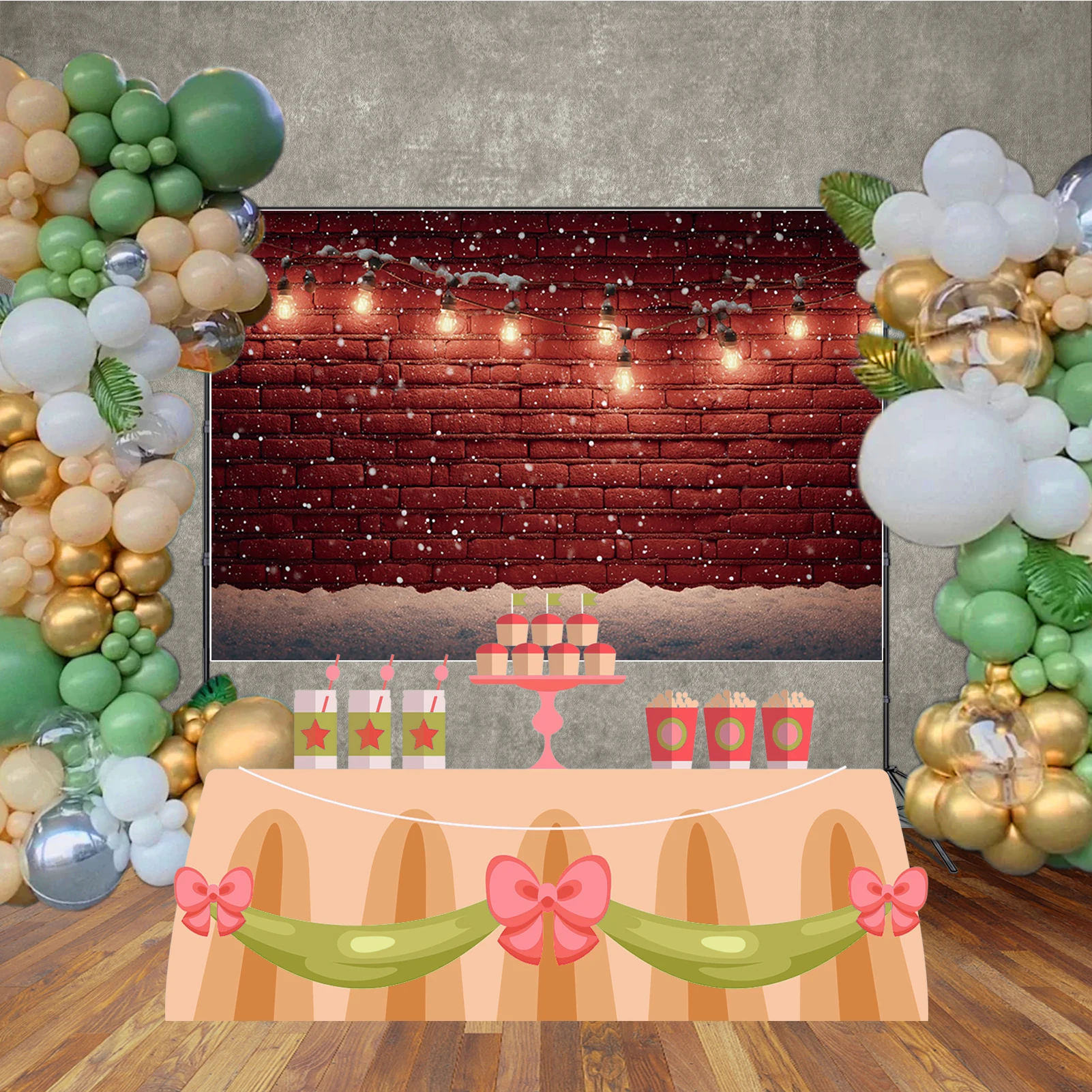 MOON.QG Red Brick Christmas Photography Background Snow Carpet String Light Backdrop Decoration Family Photo Studio Wallpaper
