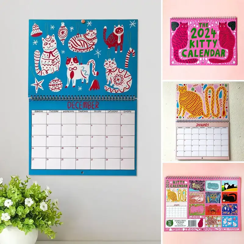 2024 Kitty Calendar Pink Cat Calendar Living Room Room Kitten Wall Calendar Wall Planner Home Decorations