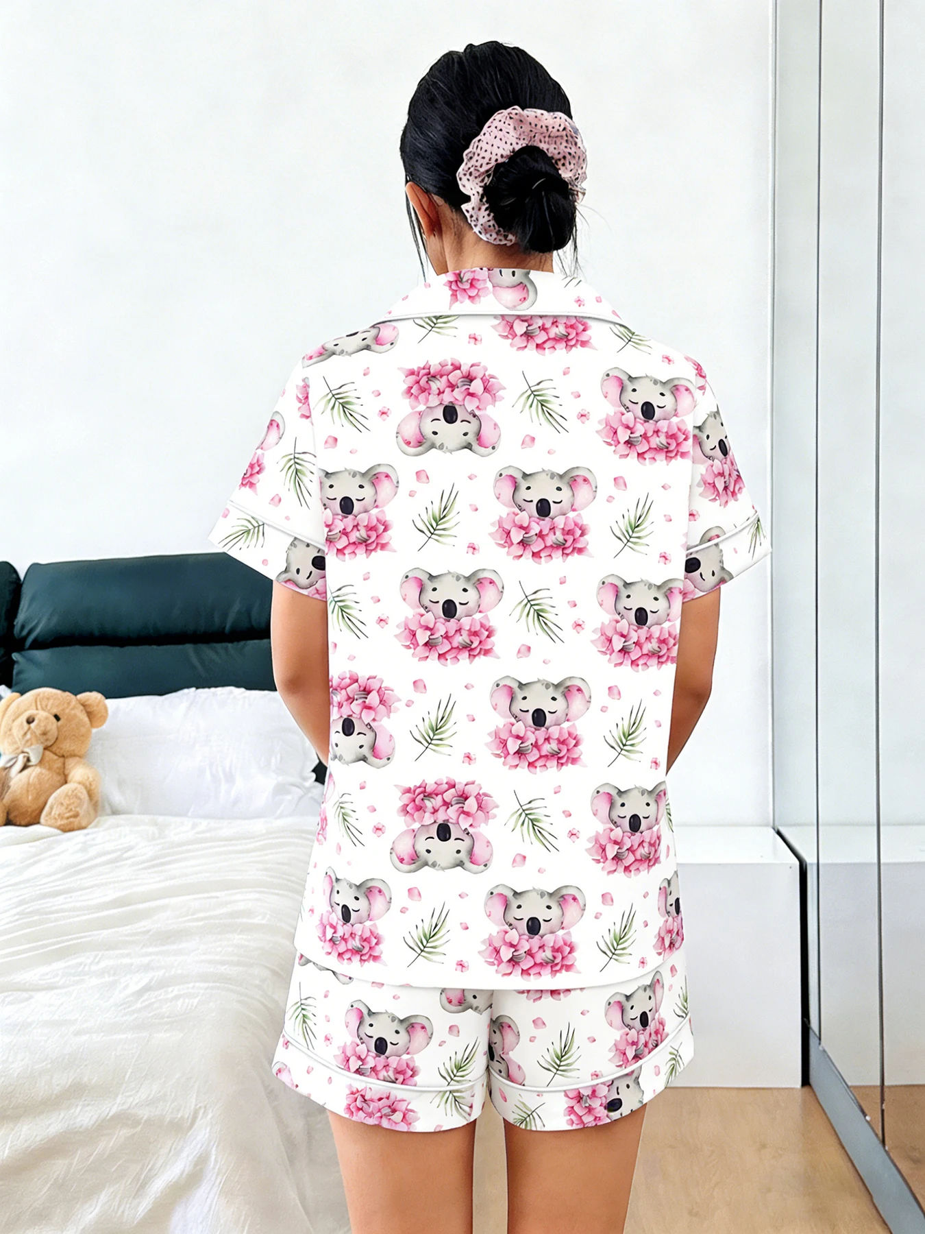 Women Pajamas Cardigan Lapel Short Sleeve Shorts 2 Piece Set Spring Summer Cute Koala Cherry Blossom Print Homewear Loungewear