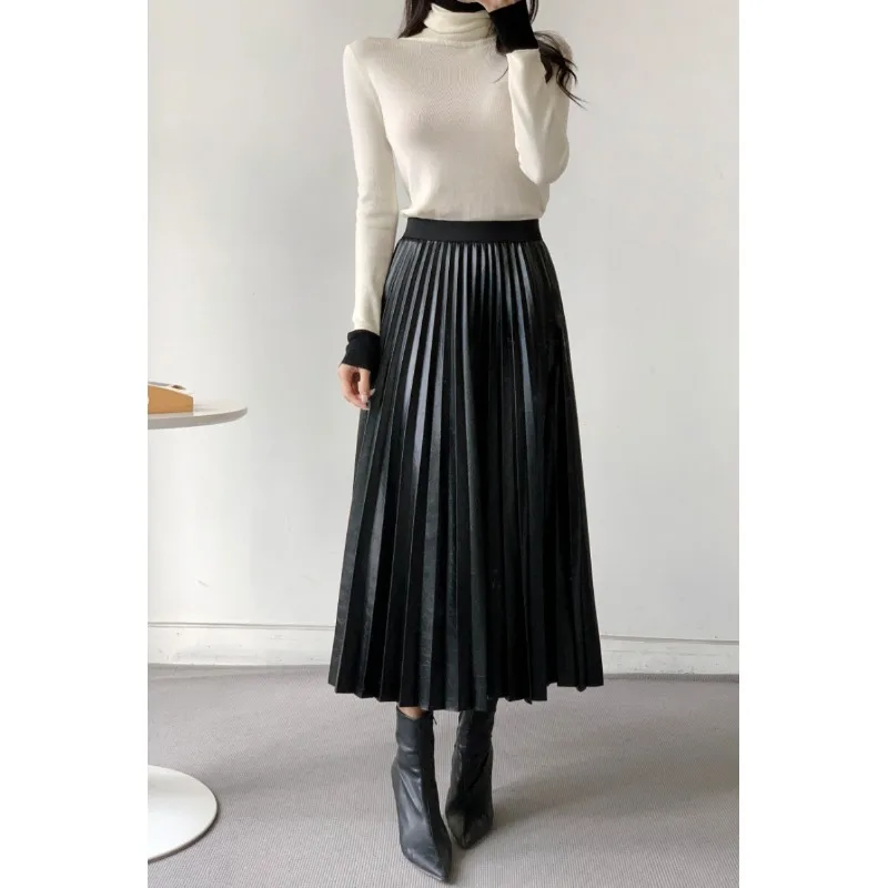 

Romantic Early Spring High Waist Pure Color Acetate Satin Folded Hemline Midi Skirt Elegant Luxury Half-length Women's Skirt