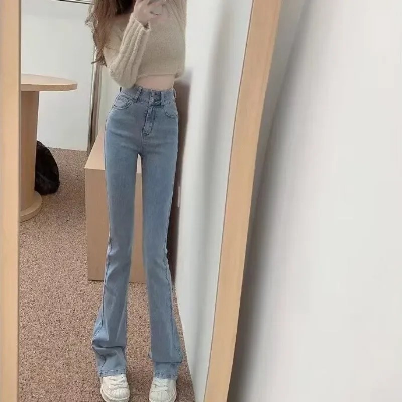 

Blue Jeans Women Slim Slender Sheath Temperament High Waist Straight Simple All-match Full Length Denim Trousers OL Streetwear