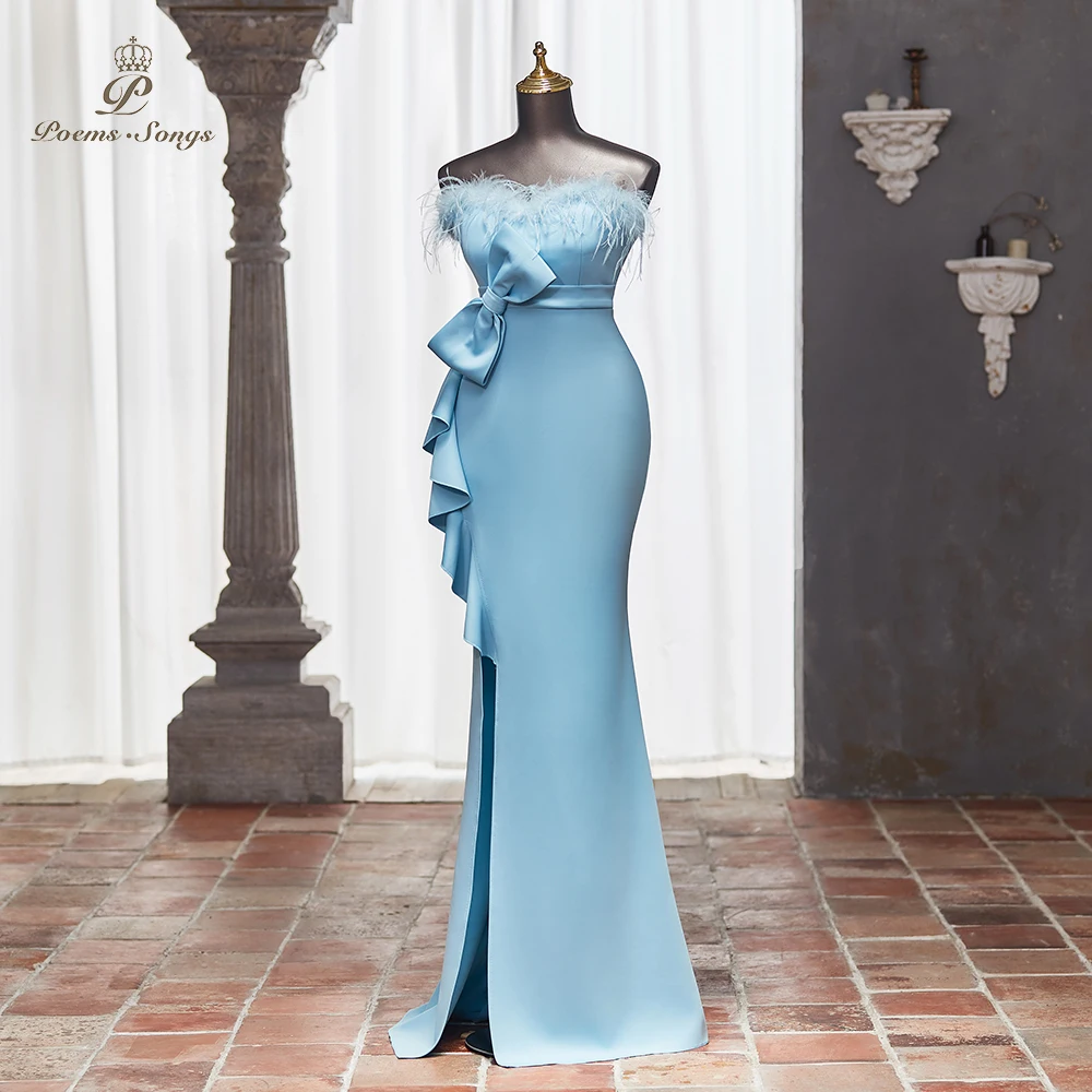 Sophisticated Light Blue Strapless Evening Dress with Delicate Feather Trim and Ruffle vestidos de fiestas elegantes mujer