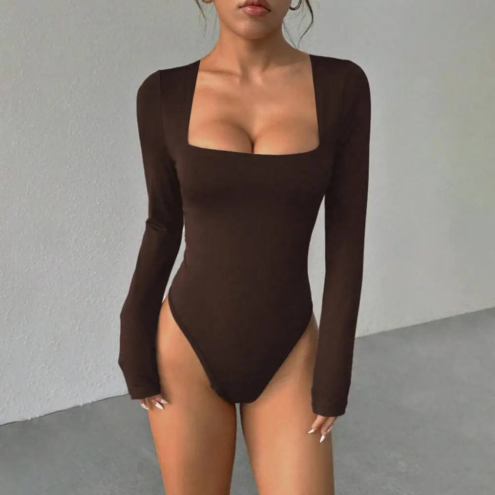 

Polyester Spandex Bodysuit Women's Square Neck Bodysuit Long Sleeve Slim Fit Top Fall Basic One Piece Shirt Sexy for Layering