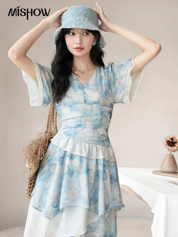 MISHOW [Van Gogh Collection] Fairycore Dresses 2023 Summer Double Layer Sleeves Asymmetrical V-Neck Printing Dress MXC39L1527