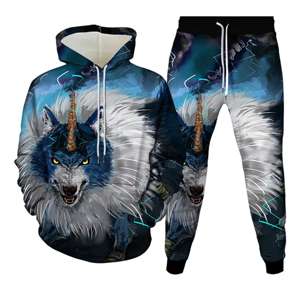 Men\'s Tracksuit Sets Animal Wolf 3D Print Casual Hoodie Pants 2pcs Sets Oversized Sweatshirt Fashion Streetwear Men Clothing