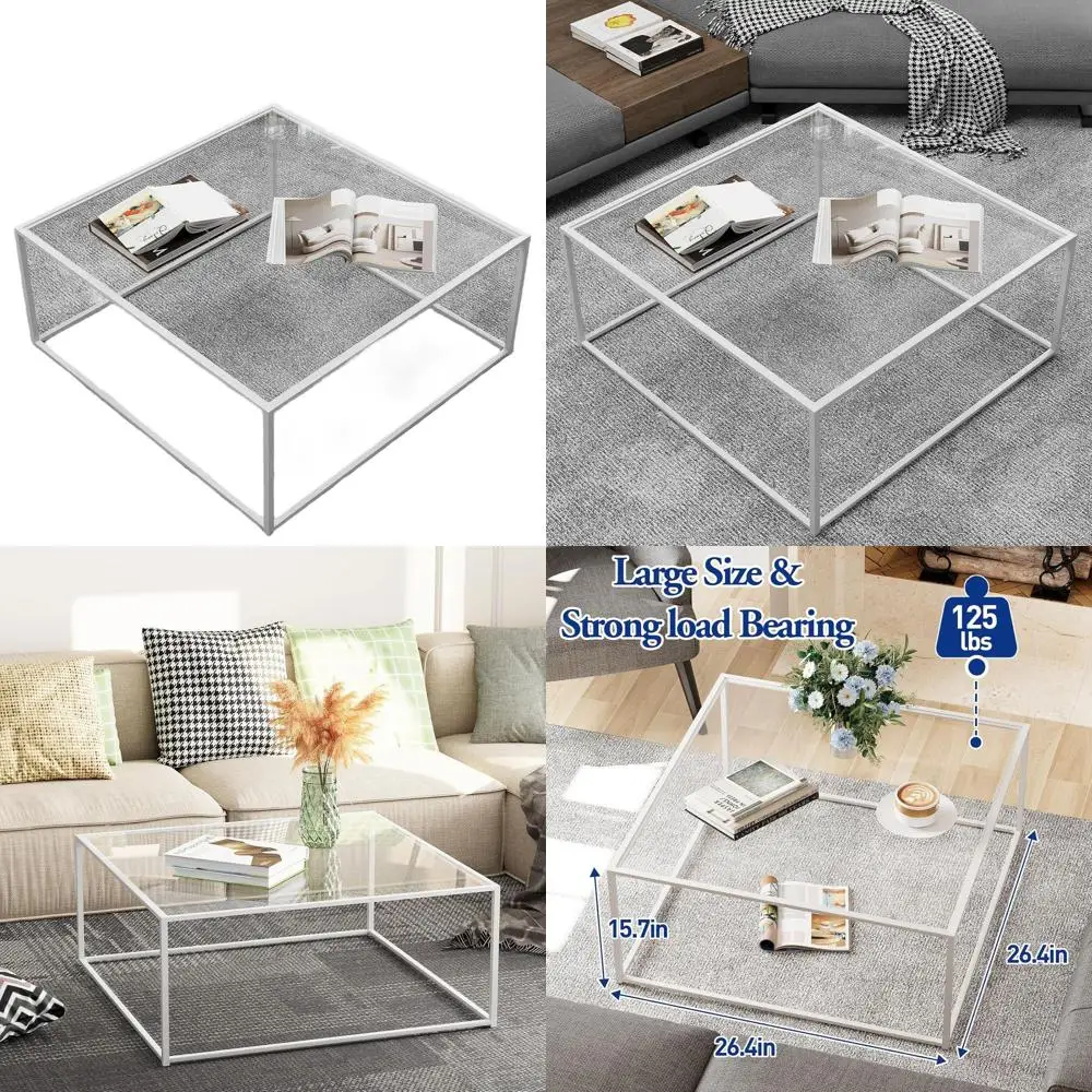 

Space-Saving Square Glass Coffee Table, Modern Minimalist Design for Living Room or Office, Tempered Glass Top with Metal Frame,