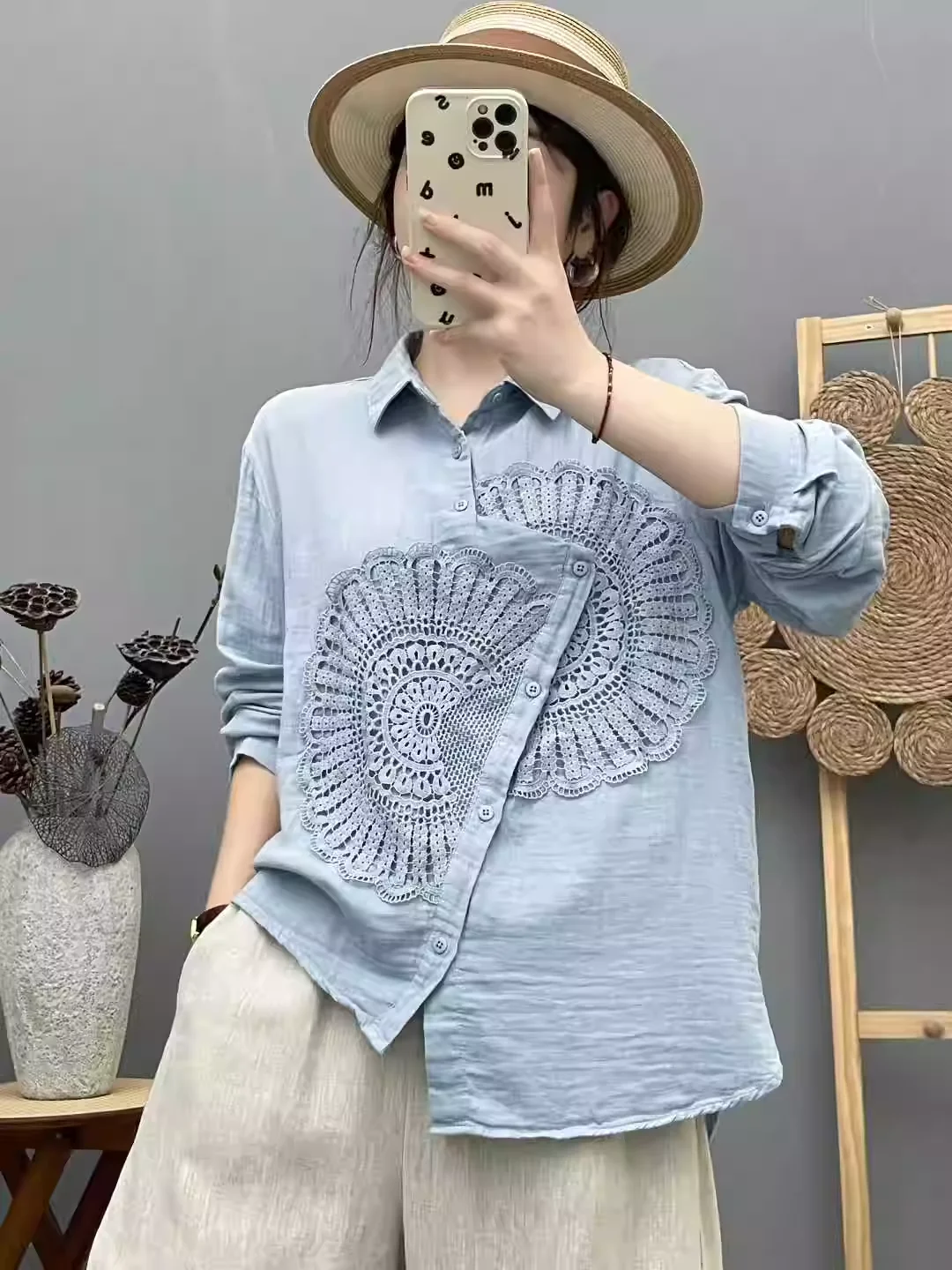 Autumn stylish women blouse 100% cotton yarn blue white embroider hollow out asymmetric shirts long sleeve blouses ladies tops