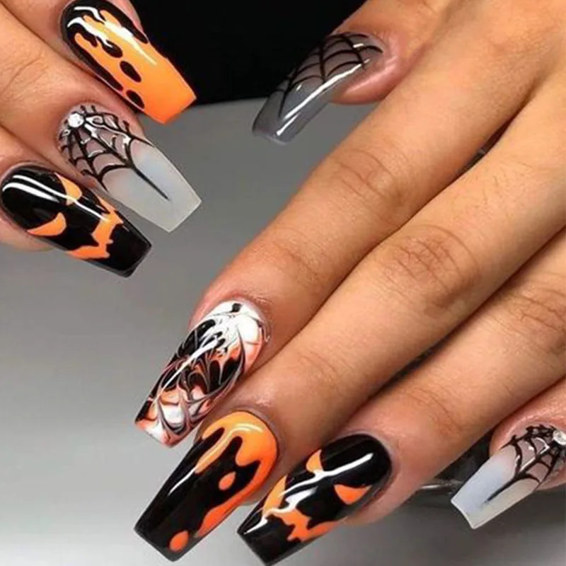 Faux ongles en forme de chauve-souris, pour Halloween, nail art, visage fantôme, toile d'araignée, 2024