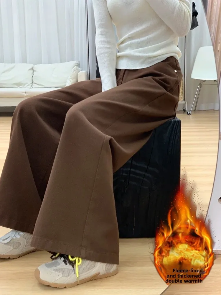 

Brown Fleece Lined Straight Leg Denim Jeans Women's Autumn Winter plus Size Loose Wide Leg Pants Casual High Waist Jeans