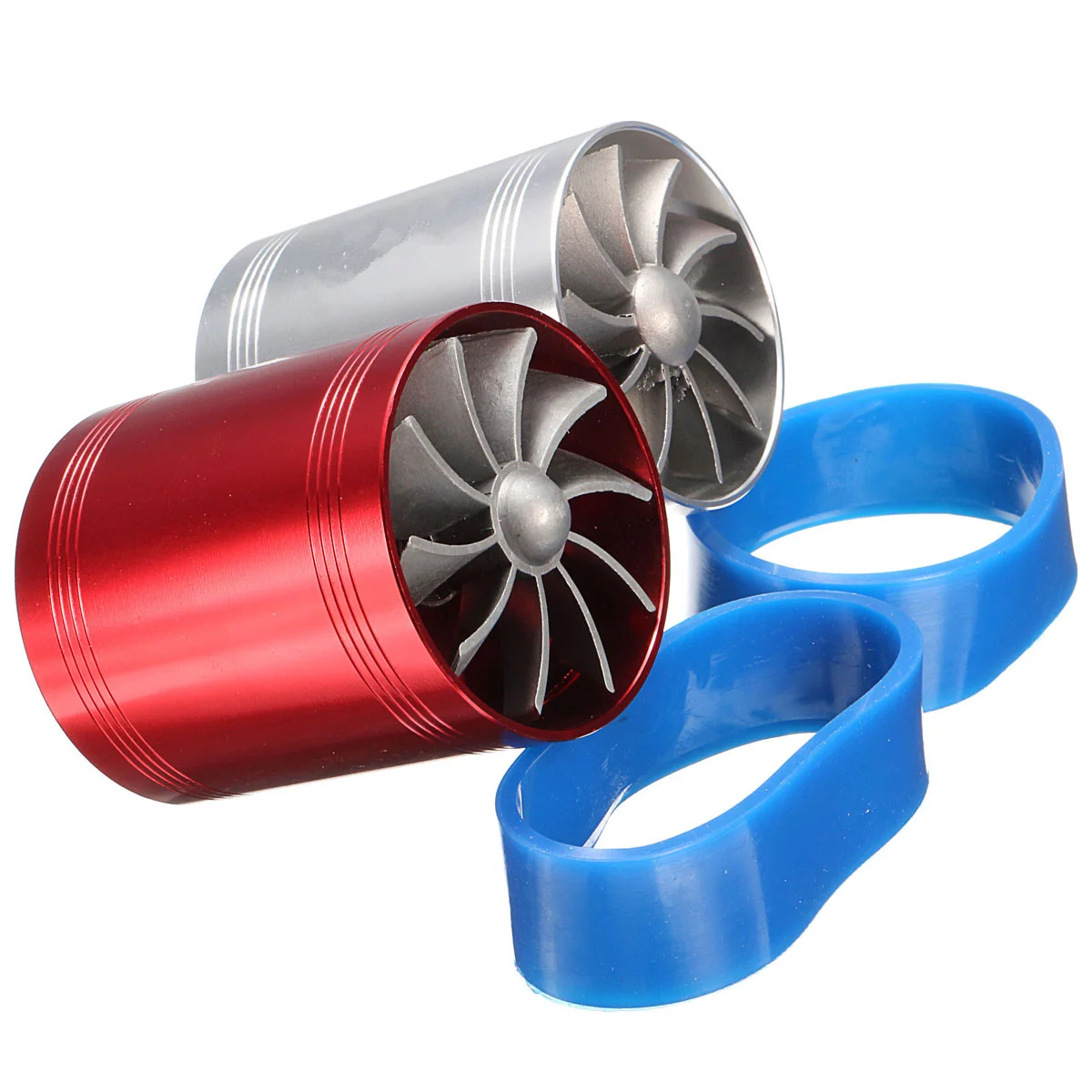 Universal Car Double Turbine Turbo Charger Air Intake Gas Fuel Saver Fan Auto Car Supercharger Silver