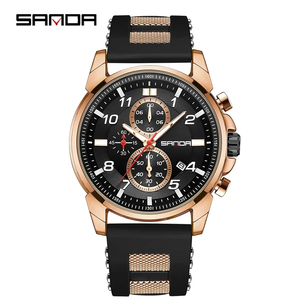 SANDA 5506 Fashion Dazzling Cool Quartz Wristwatch Waterproof Stopwatch Simplicity Round Dial Design Date Luminous Men Watch