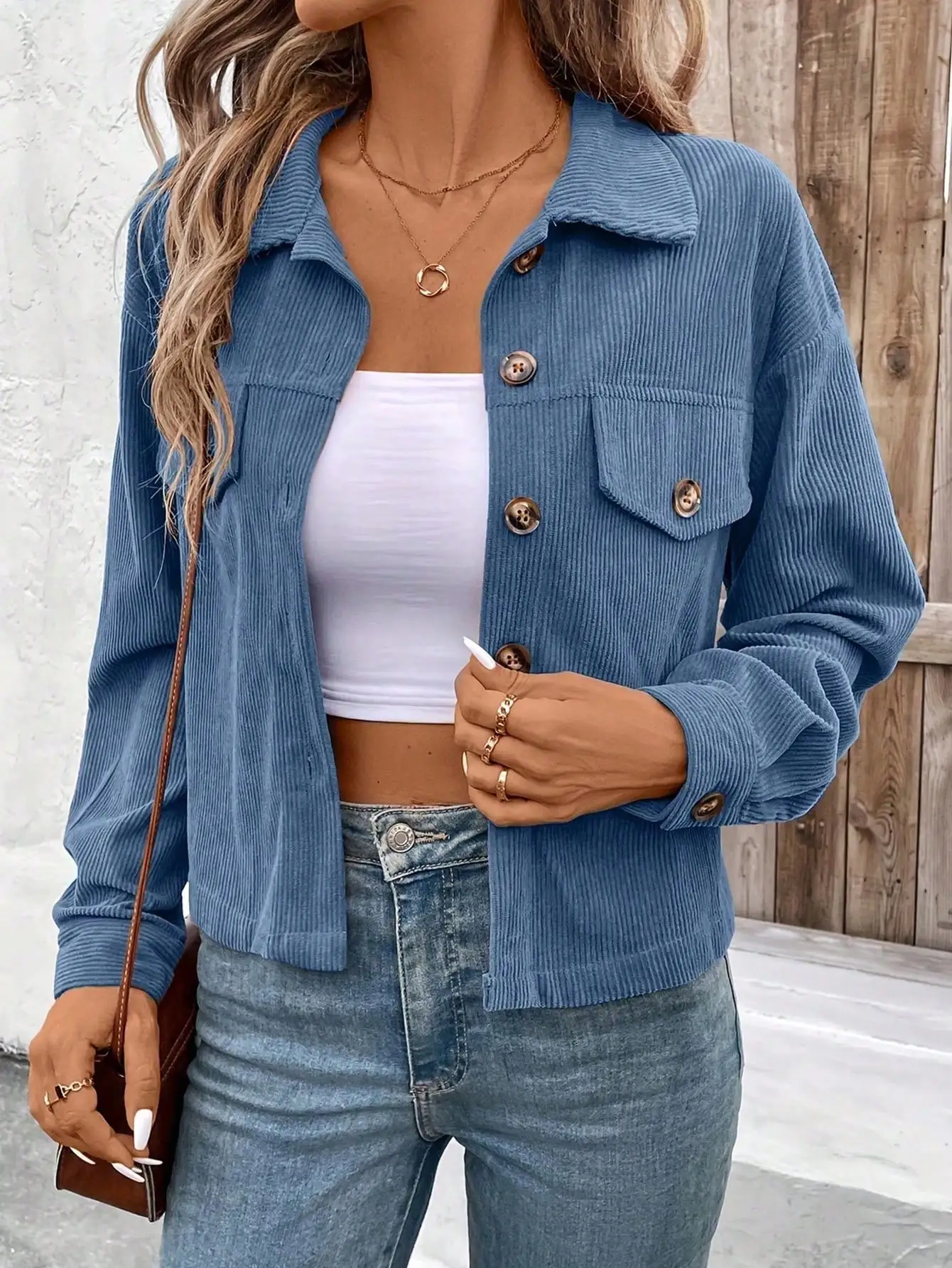 

Синяя вельветовая куртка для женщин, повседневное короткое пальто на пуговицах с карманами, осенне-зимняя мода