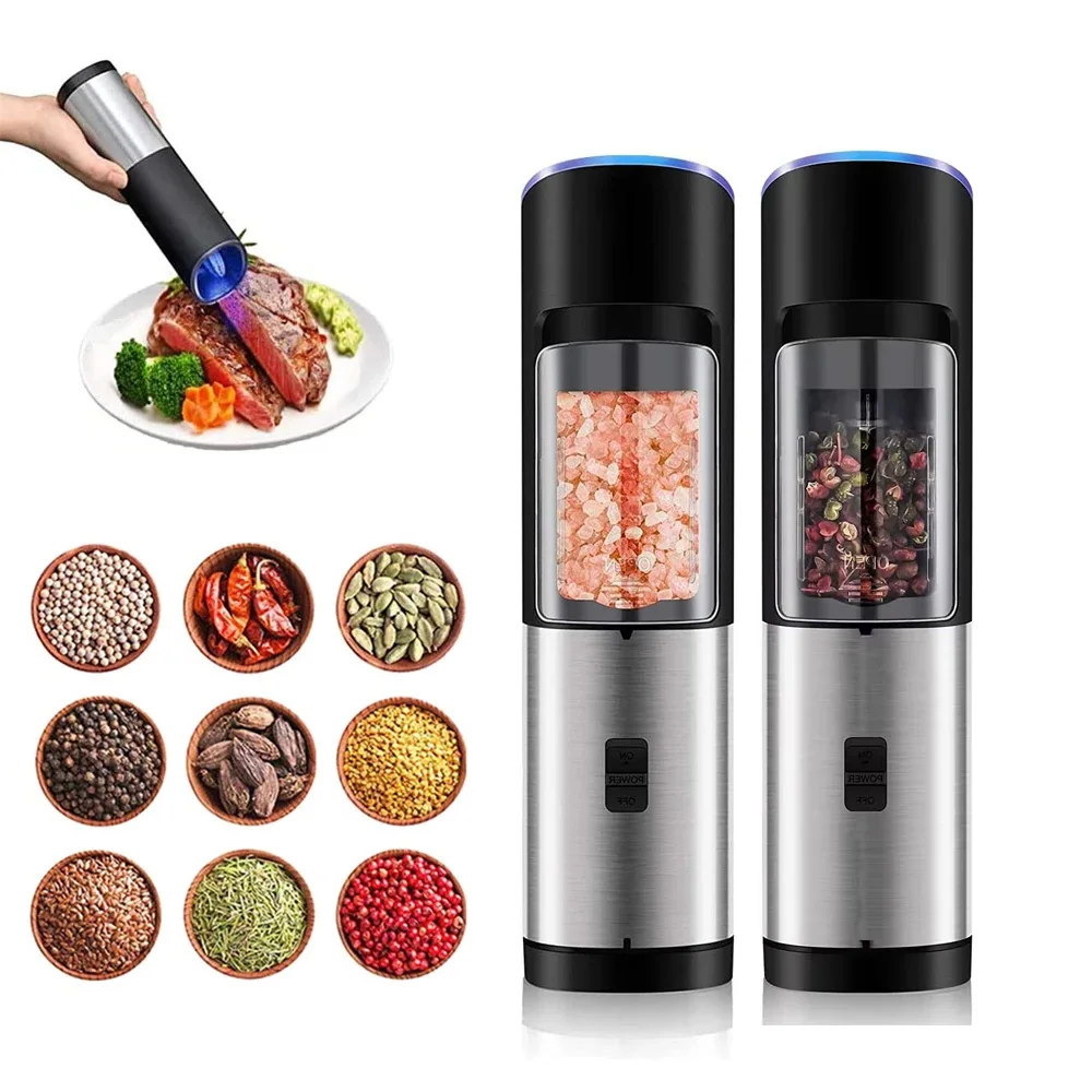 

2pcs Electric Pepper Grinder Stainless Steel Automatic Spice Mill with LED Light Battery Powered Kitchen Salt And Pepper Grinder