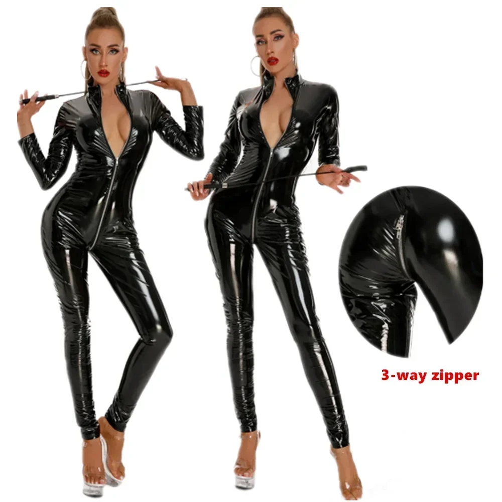 

Women Black Shiny Faux Leather Jumpsuit Sexy Lingerie Wetlook PU 3 Way Zipper Open Crotch Bodysuit Clubwear Catsuit