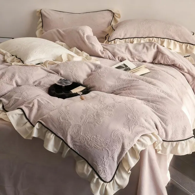 Skin-friendly Warm Girl Three-dimensional Carved Bed Sheet Quilt Cover Pillowcase Bedding Set Retro Milk Fleece Four-piece Set