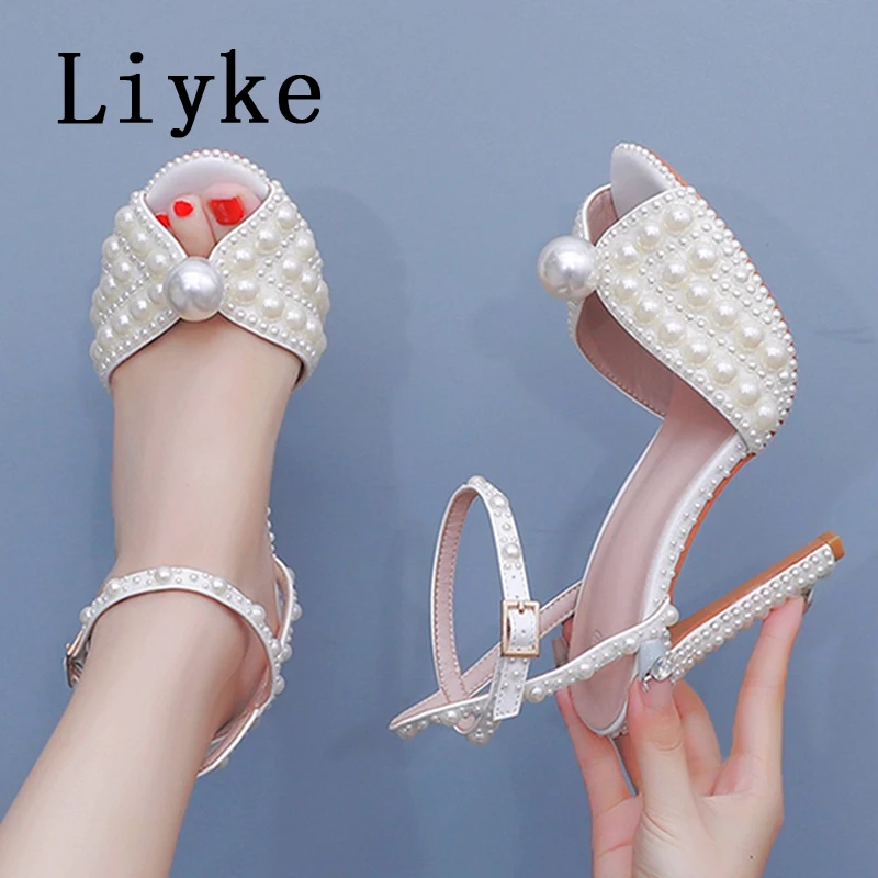 

Женские сандалии Liyke Star Style с белыми жемчужинами и кристаллами, модные летние туфли на высоком каблуке для свадьбы и вечеринок, Zapatos Mujer