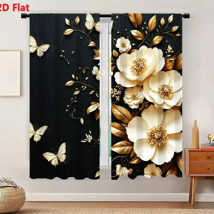 2Pcs Curtains 2D Flat Elegant White And Gold Floral Butterfly Arrangement On Black Background Window Drapes for Bedroom Room Dec