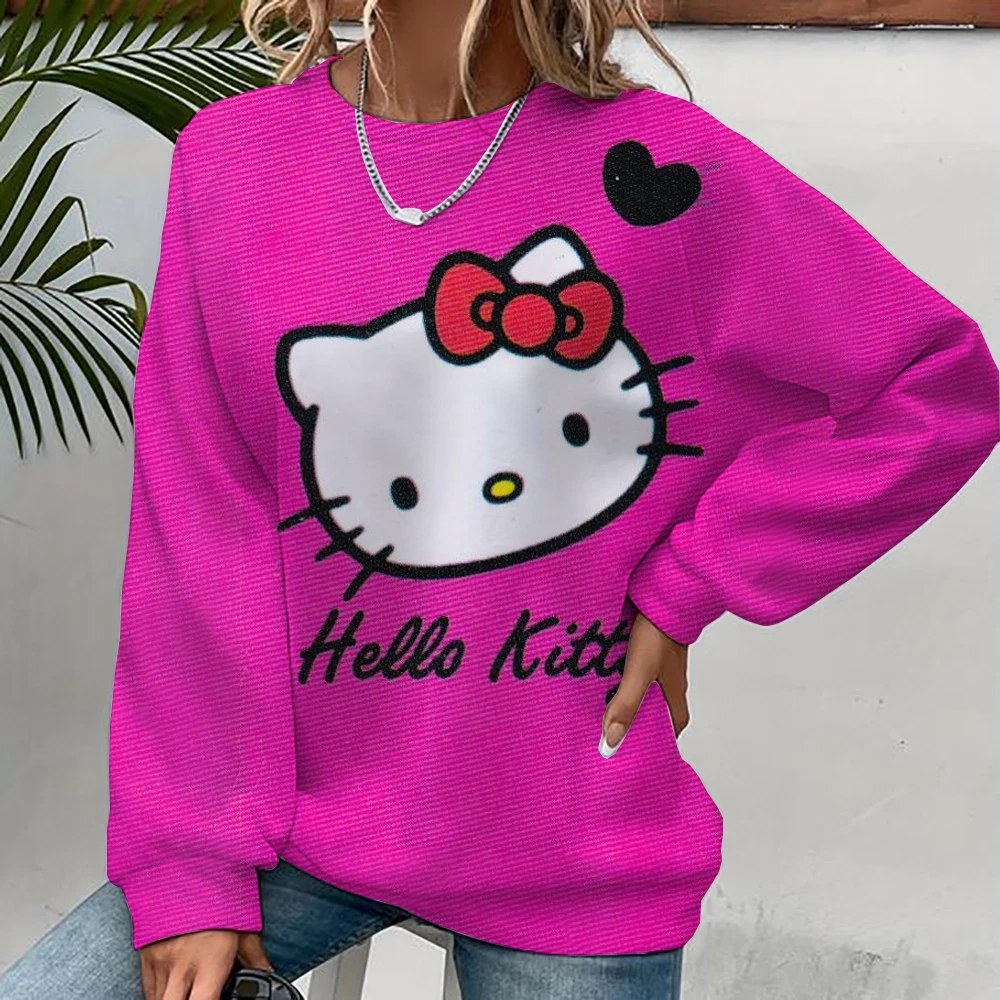 เสื้อสเวตเตอร์พิมพ์ลาย Hello Kitty สําหรับผู้หญิง, เสื้อมีฮู้ดผู้หญิง High Street, เสื้อผ้าลาย Y2K, เสื้อสเวตเตอร์คอกลมลําลอง