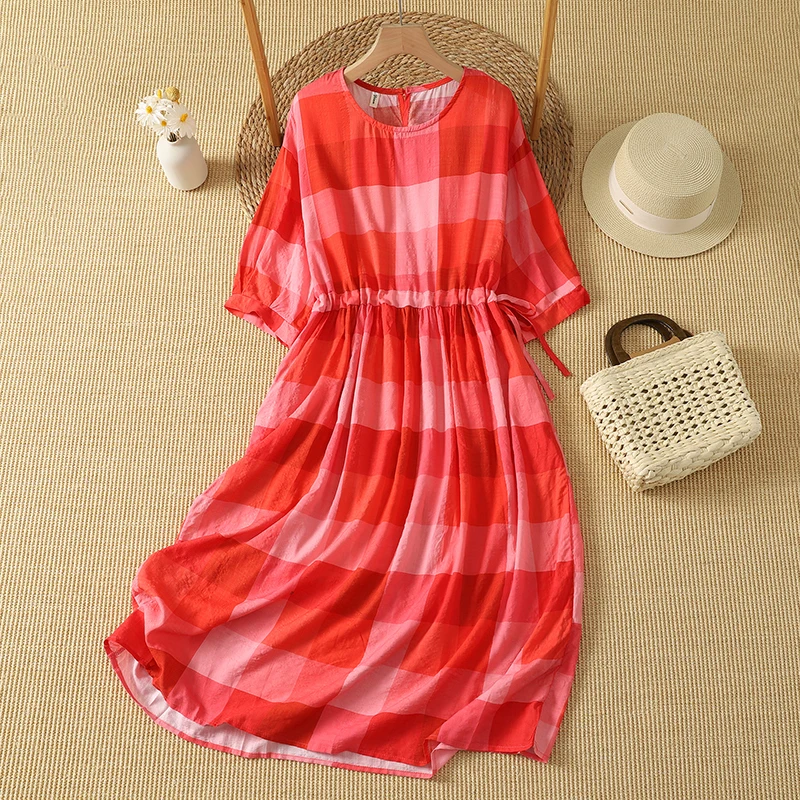 Retro Red Plaid Shirt Sleeveless Cotton Linen Dress Drawstring Waist Slimming Summer Casual High Waist Midi Skirt Dress
