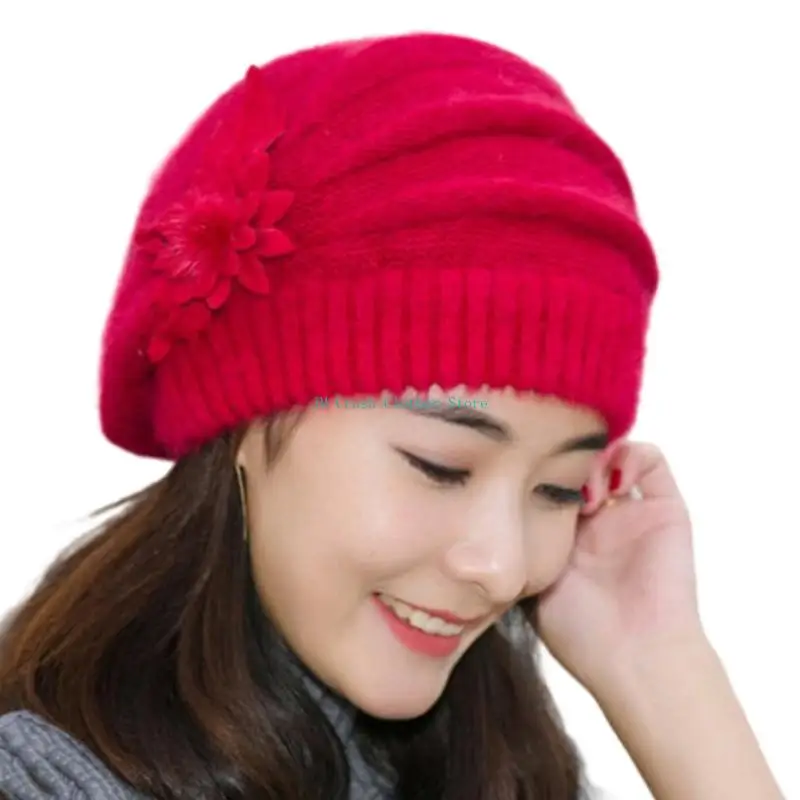 K1ME رشاقته فراء الأرانب محبوك Brimless زهرة الديكورات الشتاء قبعة يندبروف أغطية الرأس