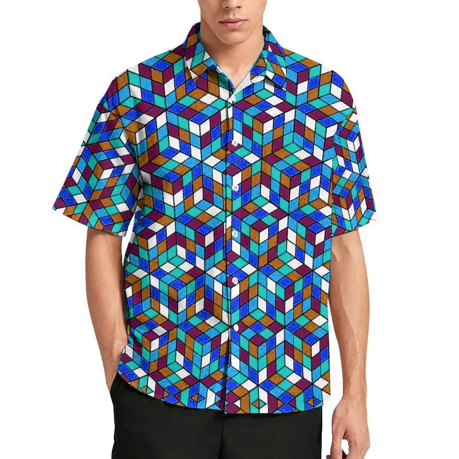 New 3D men\'s multi-color Rubik\'s cube high-definition full body print casual fashion versatile short sleeved shirt