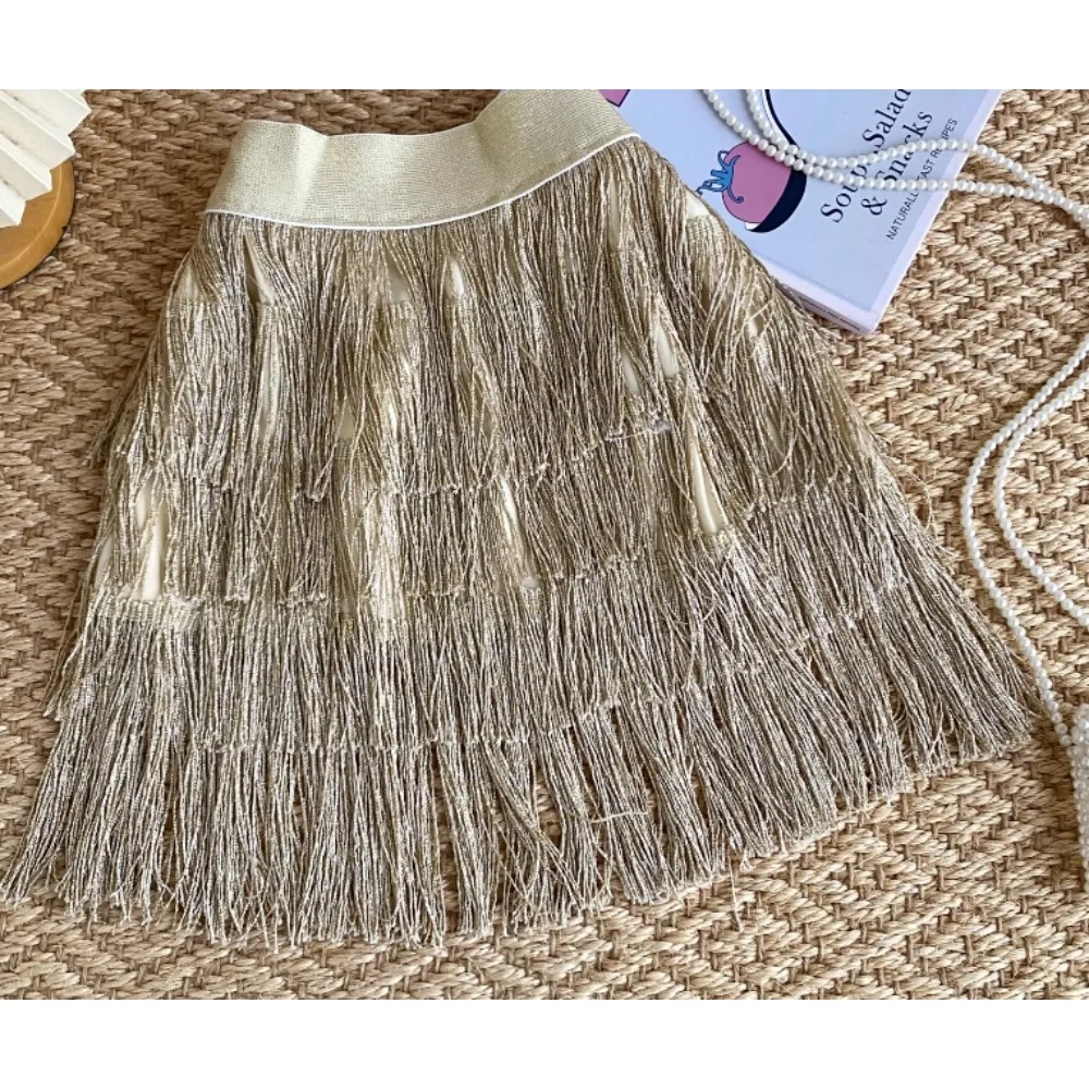 Elegancka, słodka, brokatowa spódniczka mini z frędzlami, elastyczną talią, seksowna, w kształcie litery A, na imprezę, modna, vintage, luksusowa, gotycka, wiosenno-letnia odzież damska.