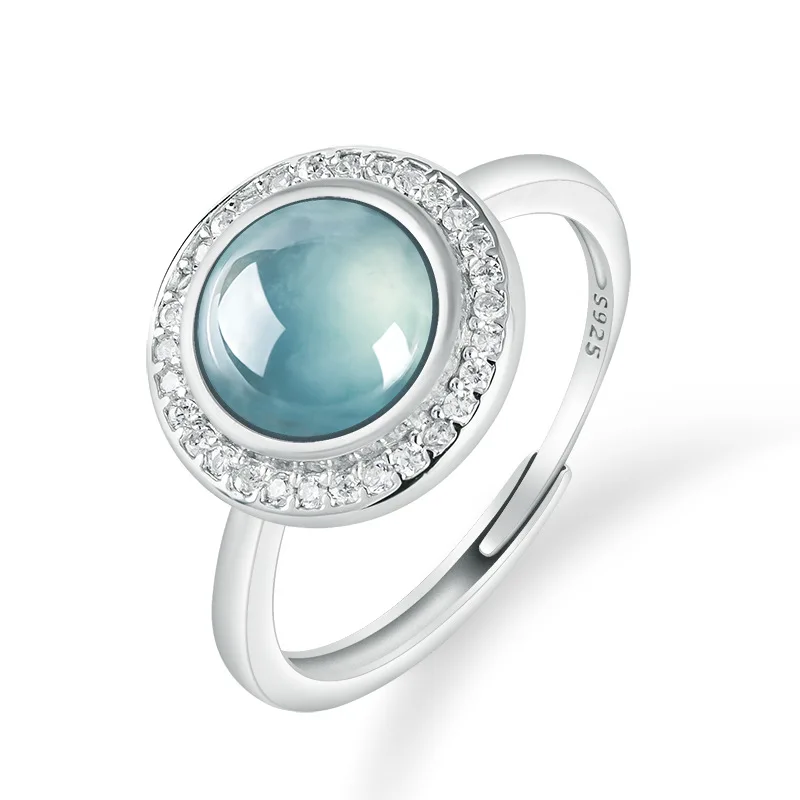 

Simple Style S925 Silver Inlaid Natural A-grade Jadeite Blue Water Ring Ice Jade Fashionable Women's Jewelry Adjustable