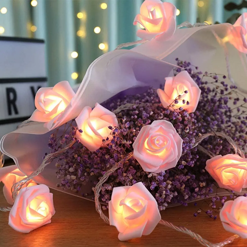 Guirxiété lumineuse fleur rose pour mariage, fonctionnement à piles/USB, guirxiété de cuir chevelu vert, éclairage floral de vacances, lumière dégradée de feuilles