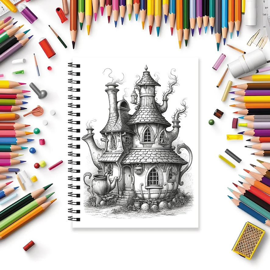 كتاب تلوين - 8.3 × 11.2 بوصة 32 صفحة كتاب تلوين بيت إبريق الشاي - هدية مثالية للعائلة أو الأصدقاء