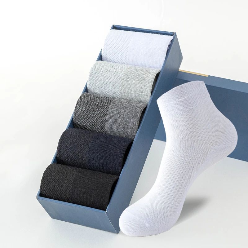 

5Pairs Men Mesh Socks Organic Cotton Breathable Black White Business Sock Casual Athletic Spring Summer for Male Size EUR38-45