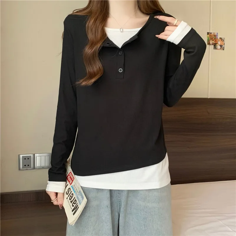 Fake Two Piece Tees Spliced Women Tops T Shirt Long Sleeve Casual Shirt Loose Pullover Autumn Slight Strech Basics Sports Shirt
