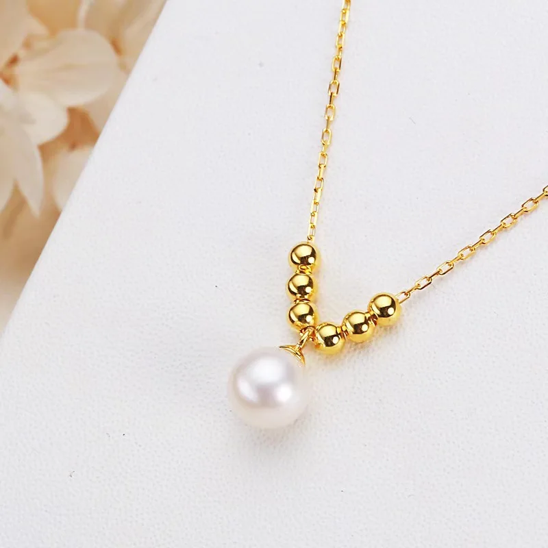 

NYMPH Fine Jewelry Real 18K Gold Natural Pearl Necklace Pendant Au750 Balls Round Wedding Gift For Women D350