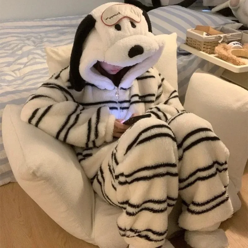لطيف فتاة الكرتون جرو مقنعين المرجان بيجامة من الصوف مجموعة المرأة شتاء جديد سميكة كبيرة الحجم المتسكعون منامة للنساء #1