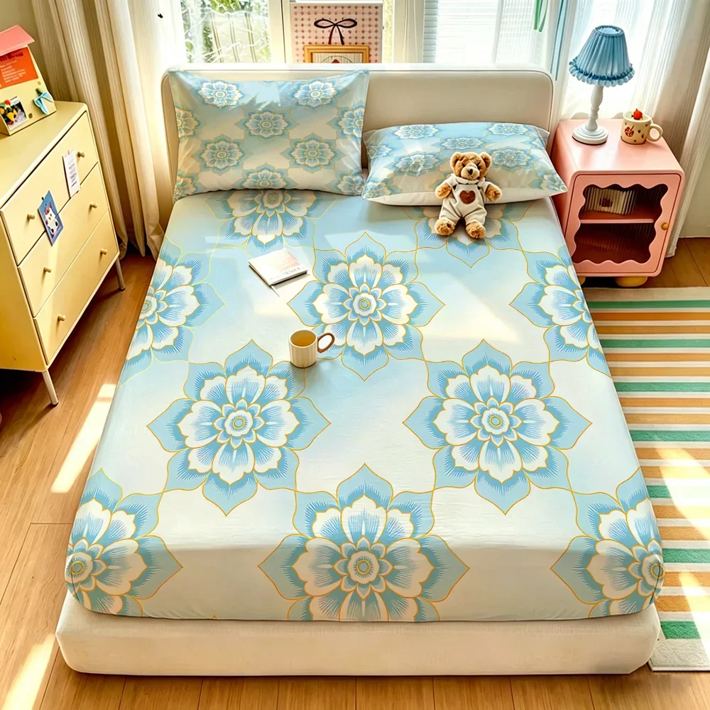 3PCS Elegant Blue Fitted Sheet Set with Gold Trim and Lotus Pattern, Soft Bedroom Bedding Decor, No Insert
