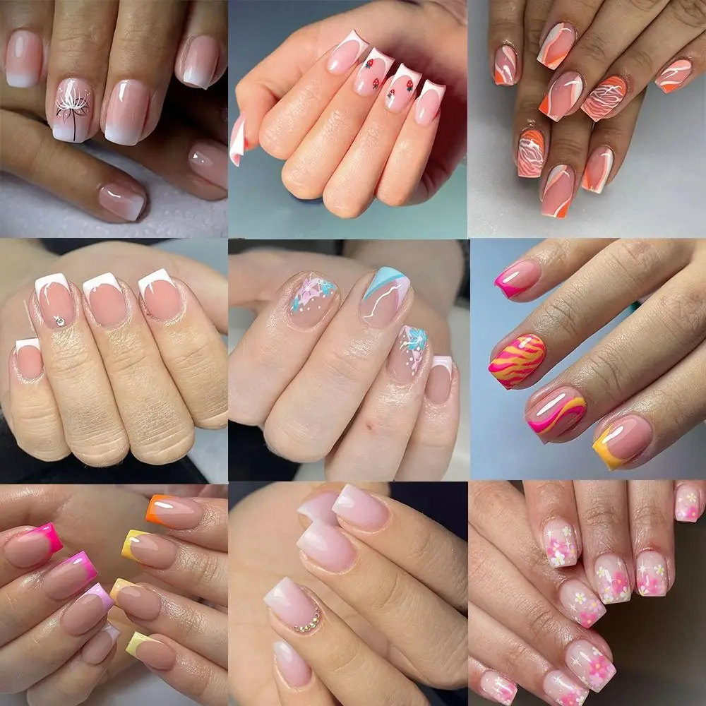 

Новые длинные квадратные накладные ногти, простые французские накладные ногти, съемные цветы, накладные ногти для женщин и девочек