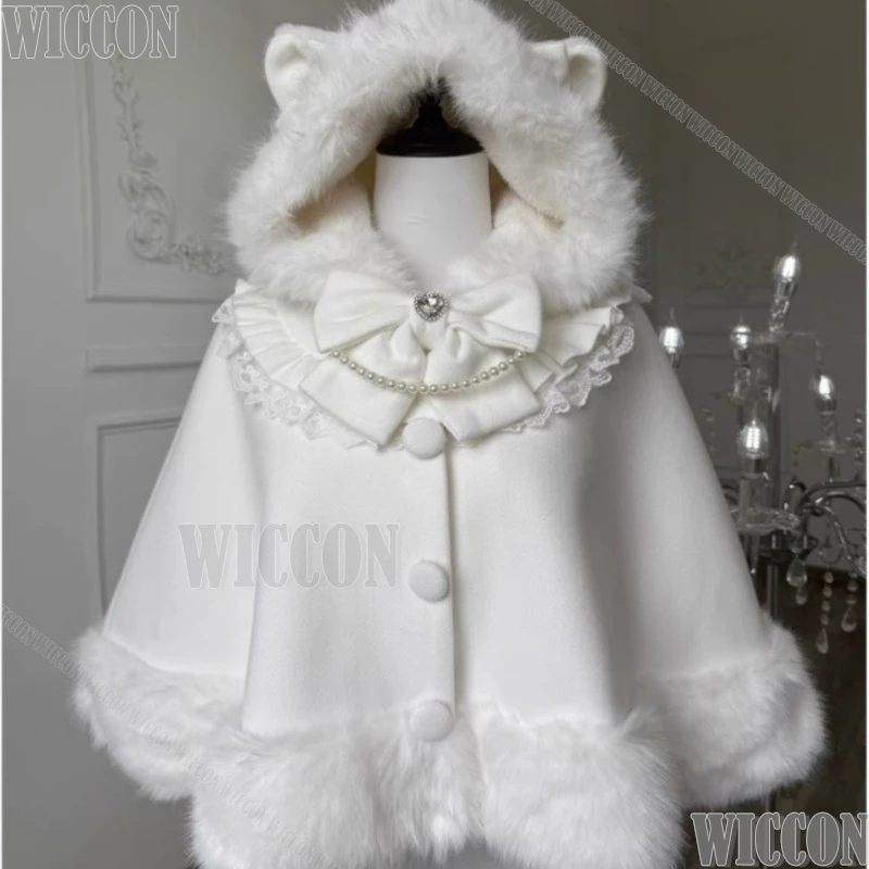 

Lolita Y2K Jirai Kei Winter Plush Cape Shawl Girls Dress up Lolita Coat Cat Ear Design Sweet Lolita Cloak Cape Navidad Carnaval