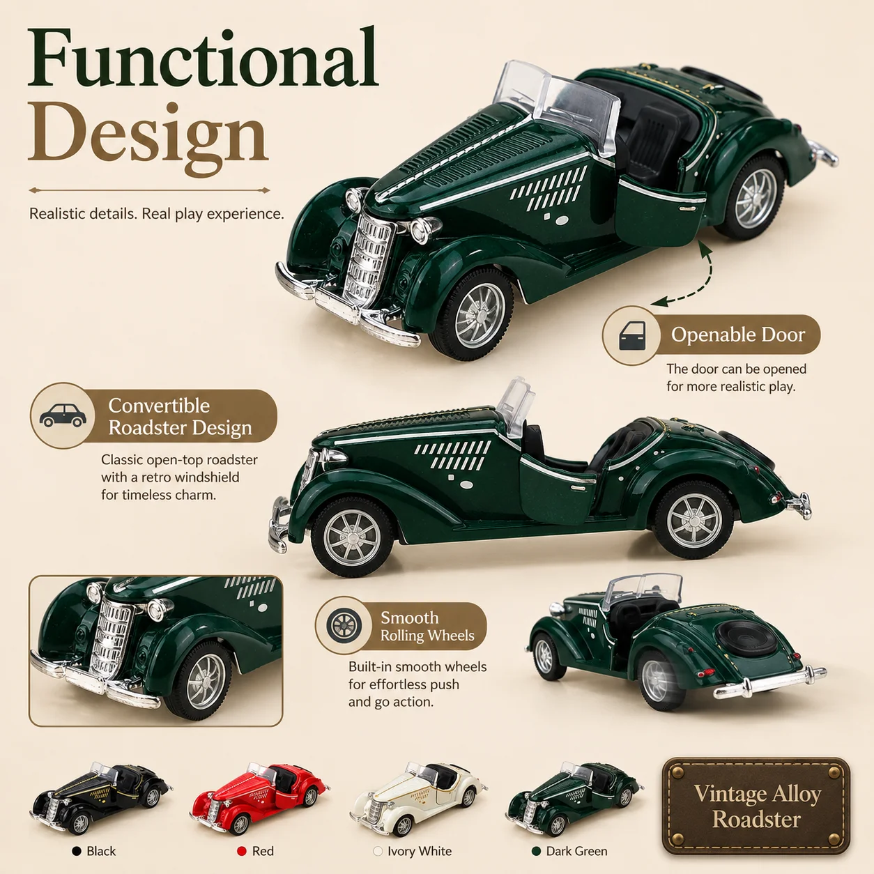 (Boxed) 1/38 Scale, Vintage Roadster Style Toy Car, Powerful Spring, Metal Casting, Boy's Toy, the Best Gift.