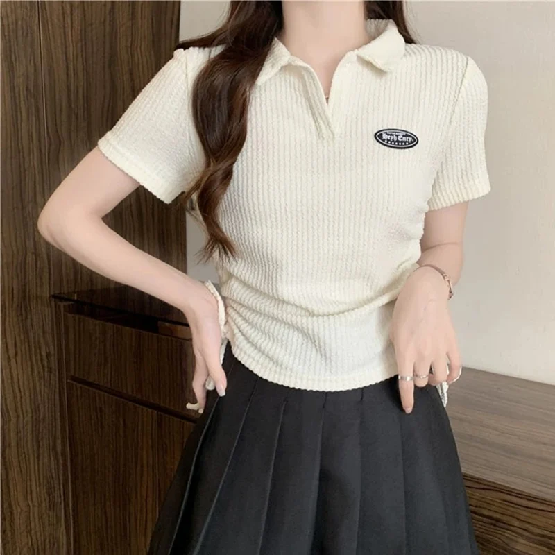 New Women Sweet Spicy Style Short Sleeved T-shirts Lady Korean Slim Fit Tie Up Tops Female Leisure Turndown Collar Crop Clothes