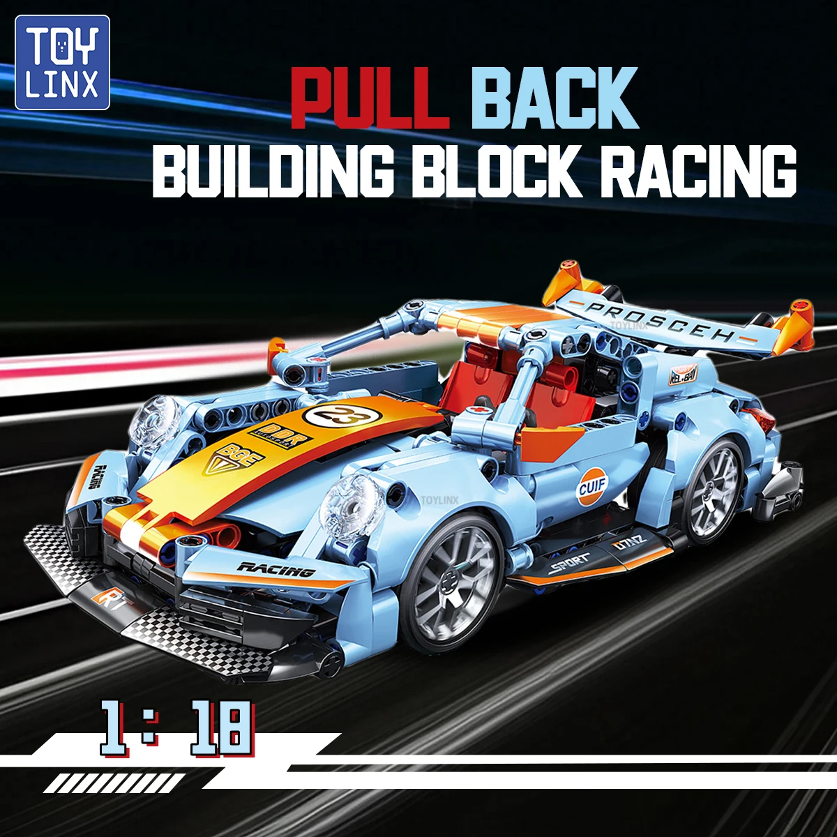 

TOYLINX Pull Back Building Block Racing Car 1:18 Scale 523+ PCS with Detailed Front/Rear/Wheel Openable Door Ideal Gift for Kids