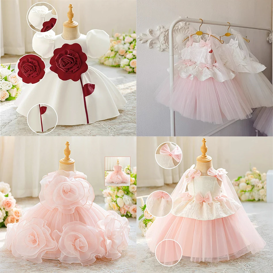

Infant Fluffy Bow Floral Ball Gown Baby Girls Birthday Party Formal Princess Dress Toddler Event Festival Stage Costume