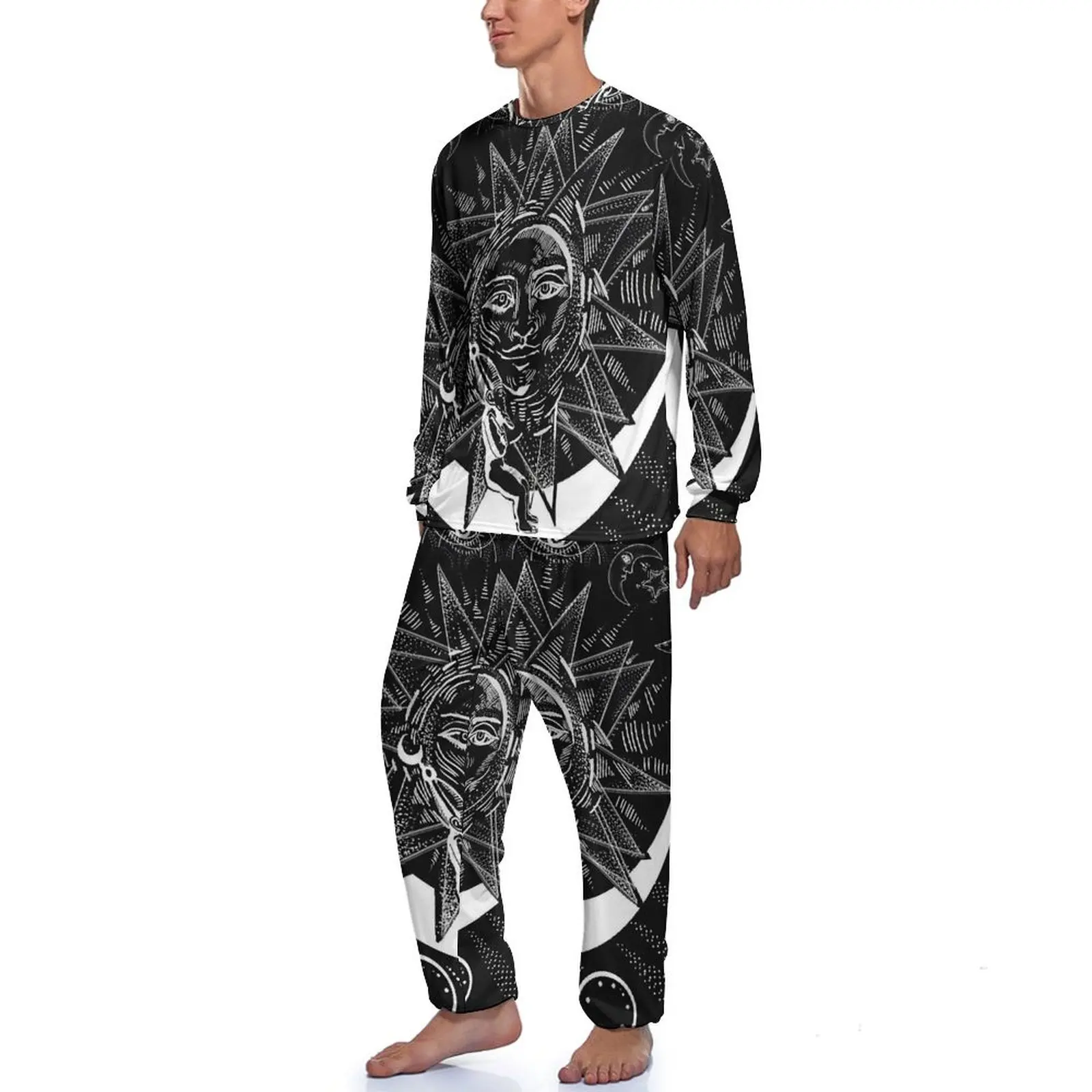 Vintage Symbol Pajamas Daily Two Piece Mystic Sun Print Kawaii Pajama Sets Mens Long-Sleeve Leisure Pattern Sleepwear